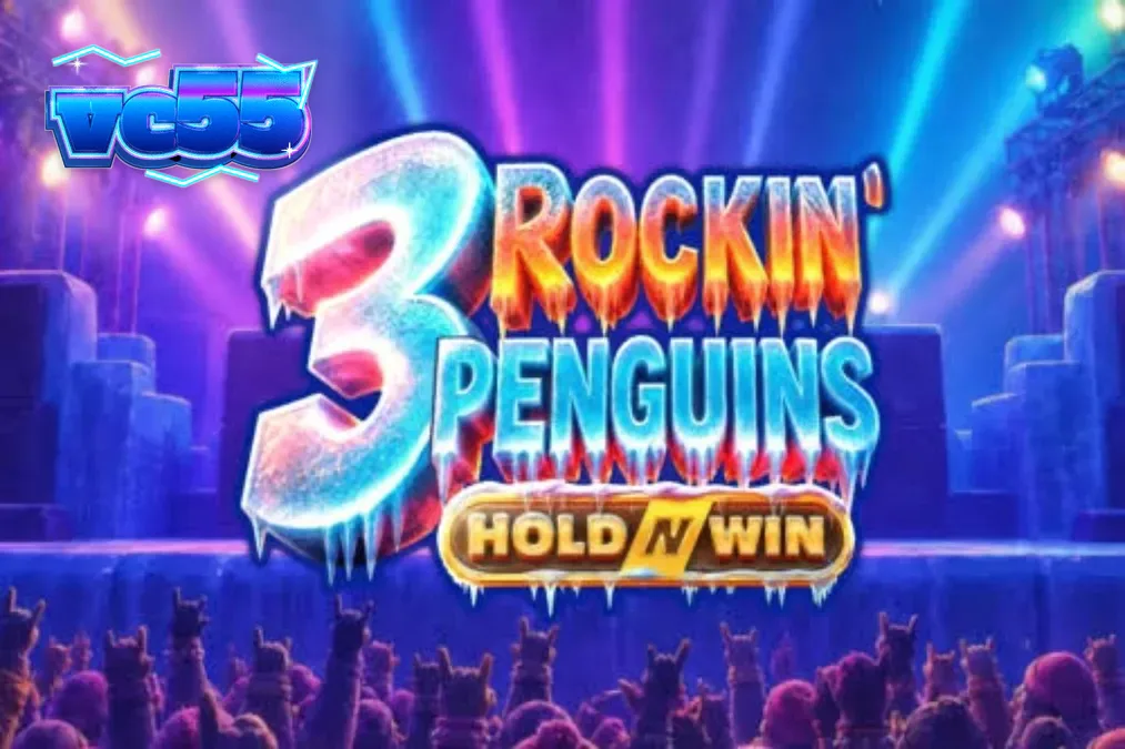 Tampilan visual slot 3 Rockin’ Penguins dengan tema konser punk rock di kutub.